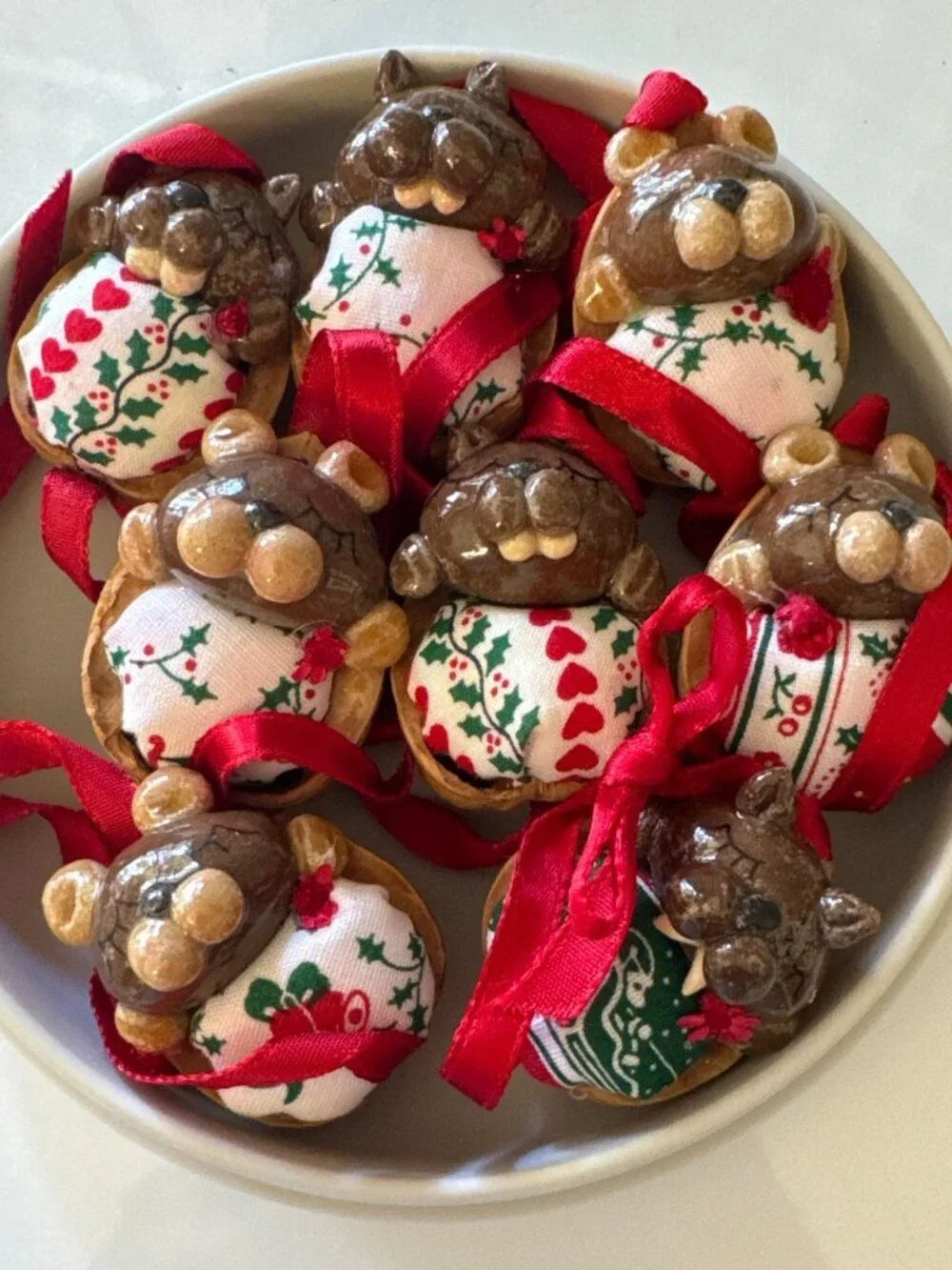 Handmade Christmas Bear Ornaments In Walnut Shells With Red Ribbons -‎ Set Of 8